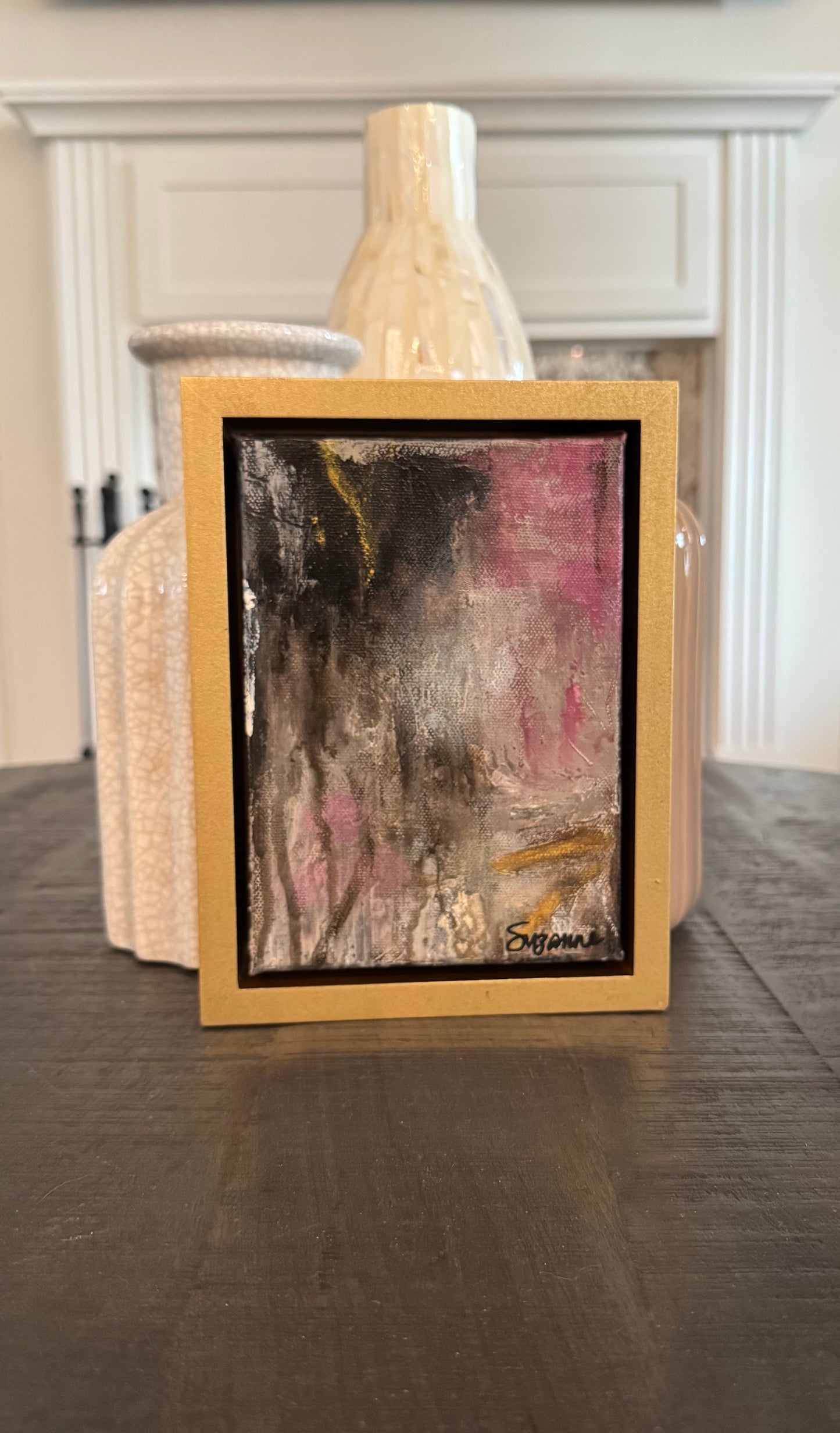 "Blushed Smoke" – 5x7 Gold-Framed Abstract Painting
