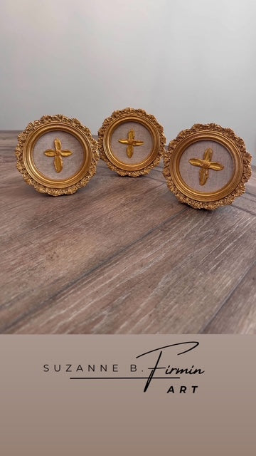 Mini Framed Sculpted Gold Cross on Linen