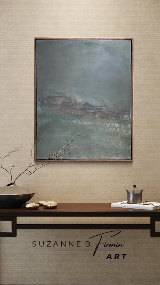 Veiled Horizon: 24"x30" Textured Acrylic Painting in Wood Frame