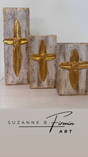 Handcrafted Textured Gold Cross on Distressed Wood Block