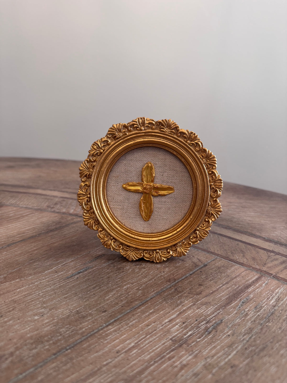 Mini Framed Sculpted Gold Cross on Linen