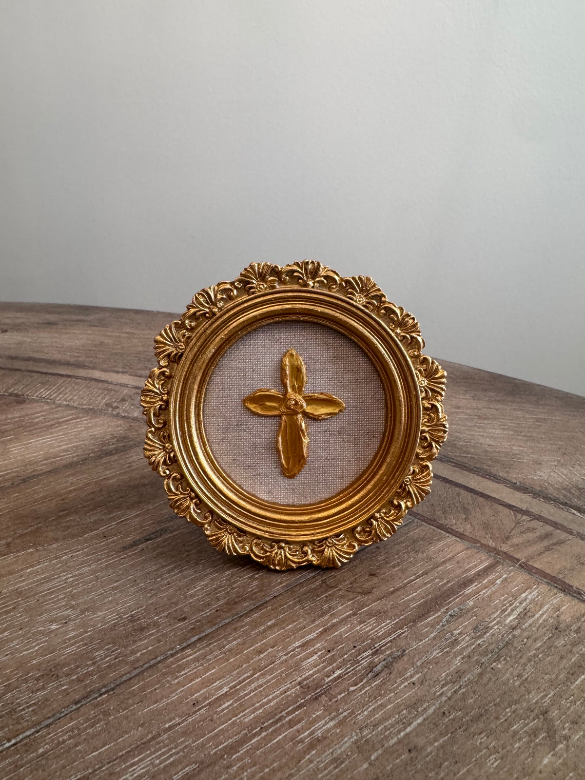 Mini Framed Sculpted Gold Cross on Linen