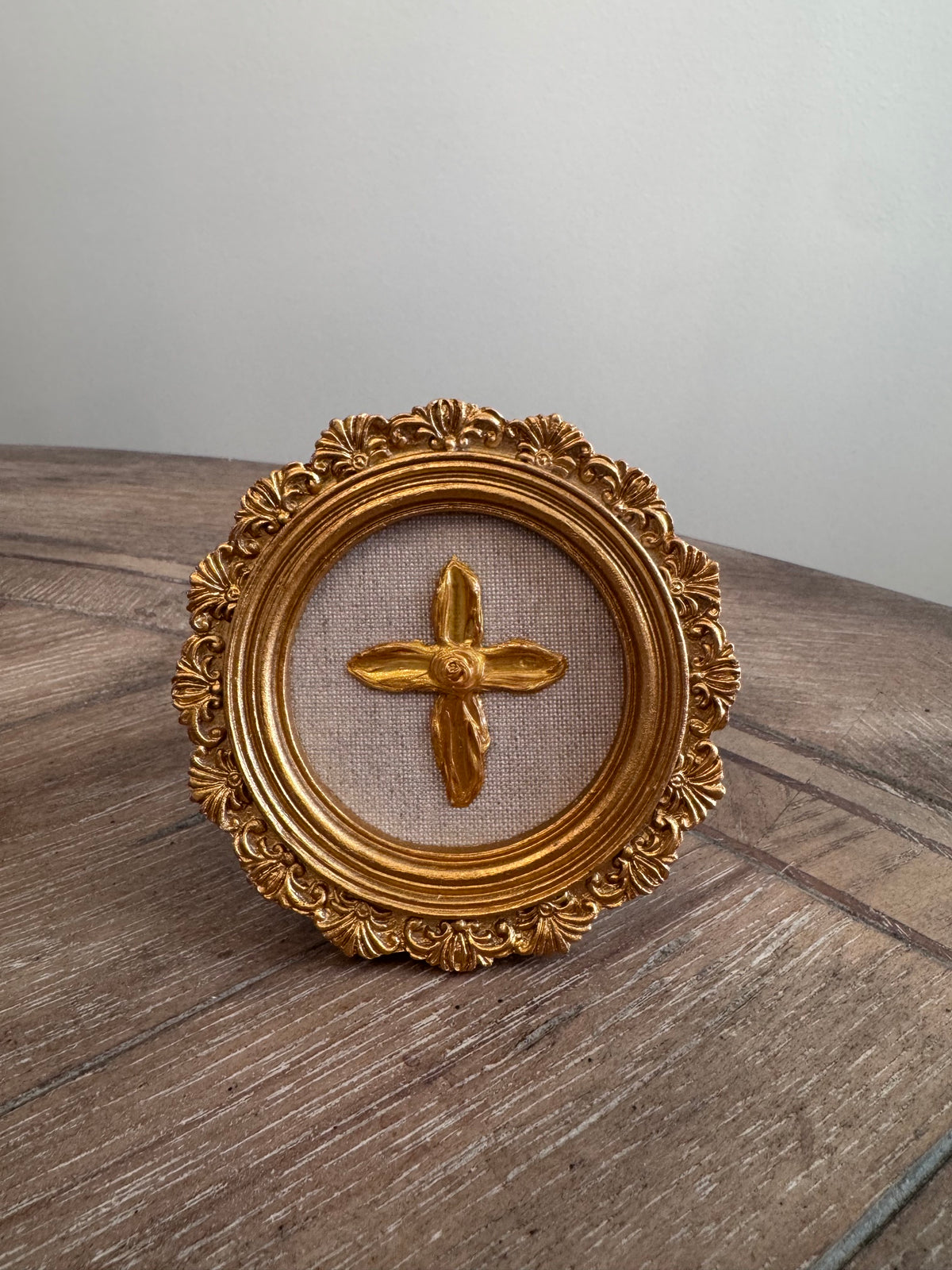 Mini Framed Sculpted Gold Cross on Linen