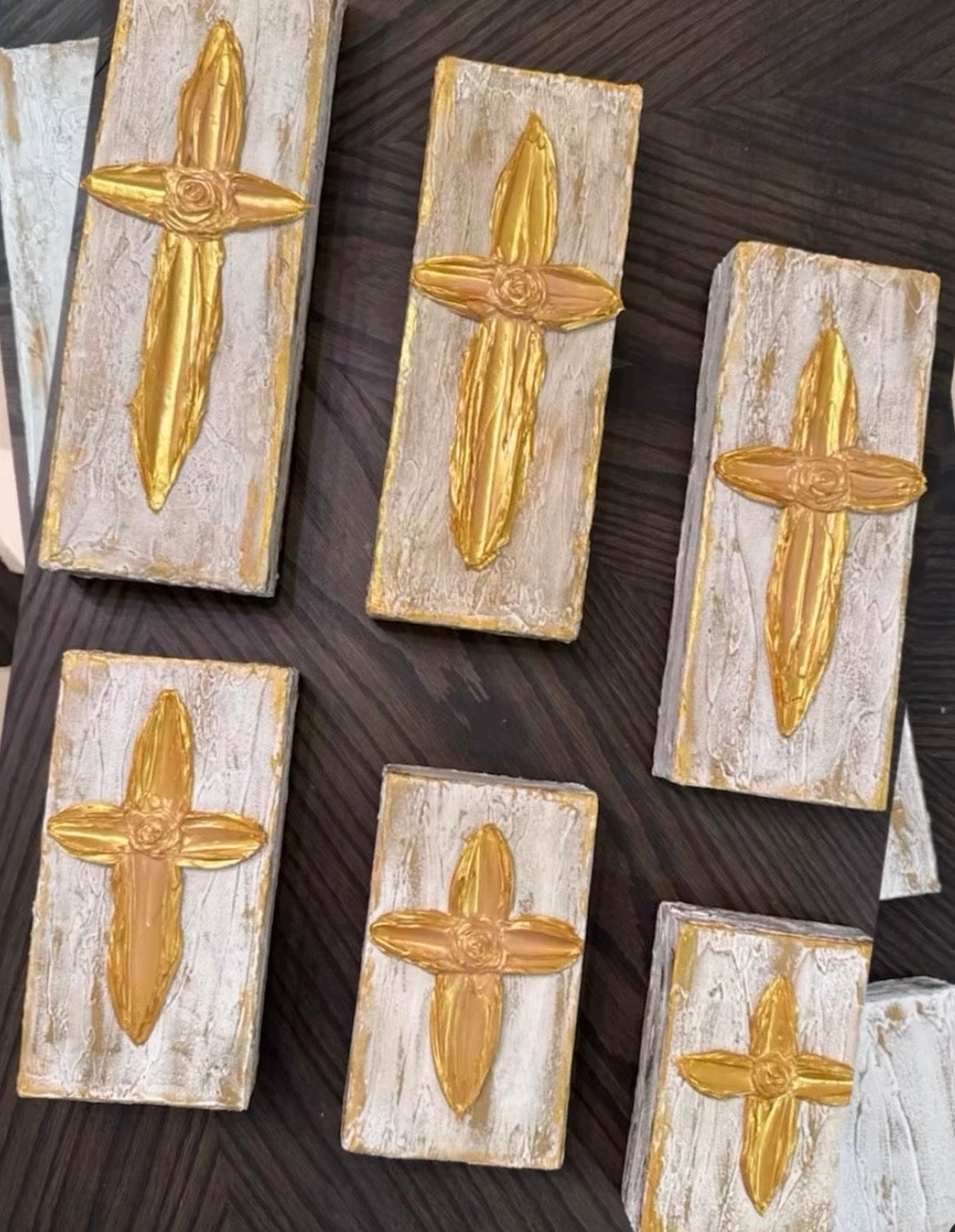 Handcrafted Textured Gold Cross on Distressed Wood Block