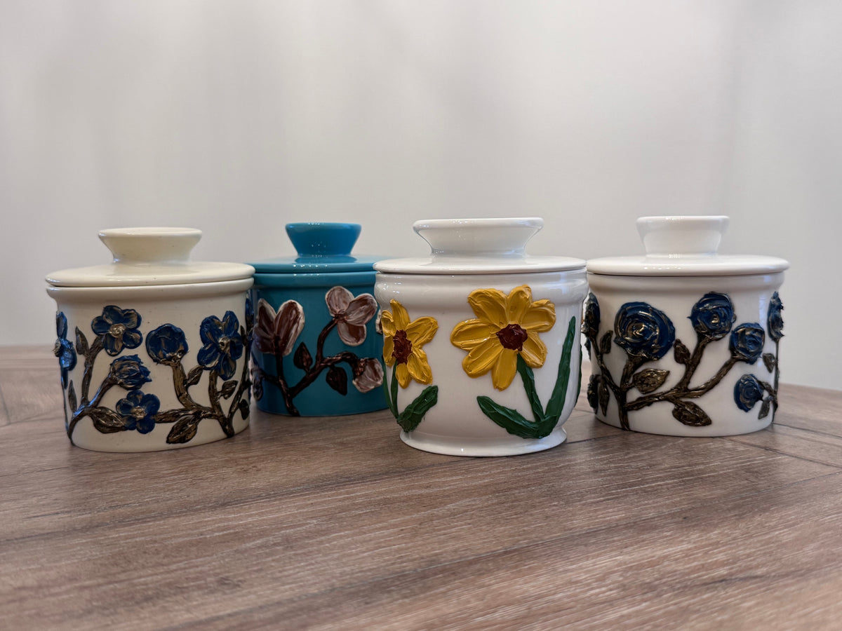 Hand-Painted Textured Floral Ceramic Butter Crocks