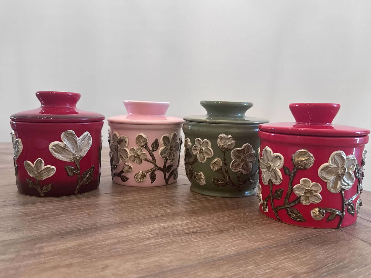 Hand-Painted Textured Floral Ceramic Butter Crocks