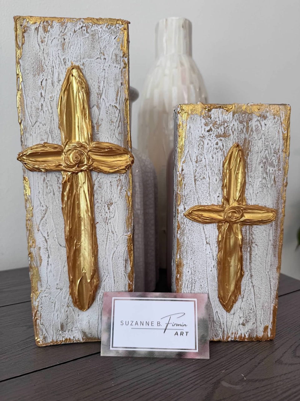 Handcrafted Textured Gold Cross on Distressed Wood Block