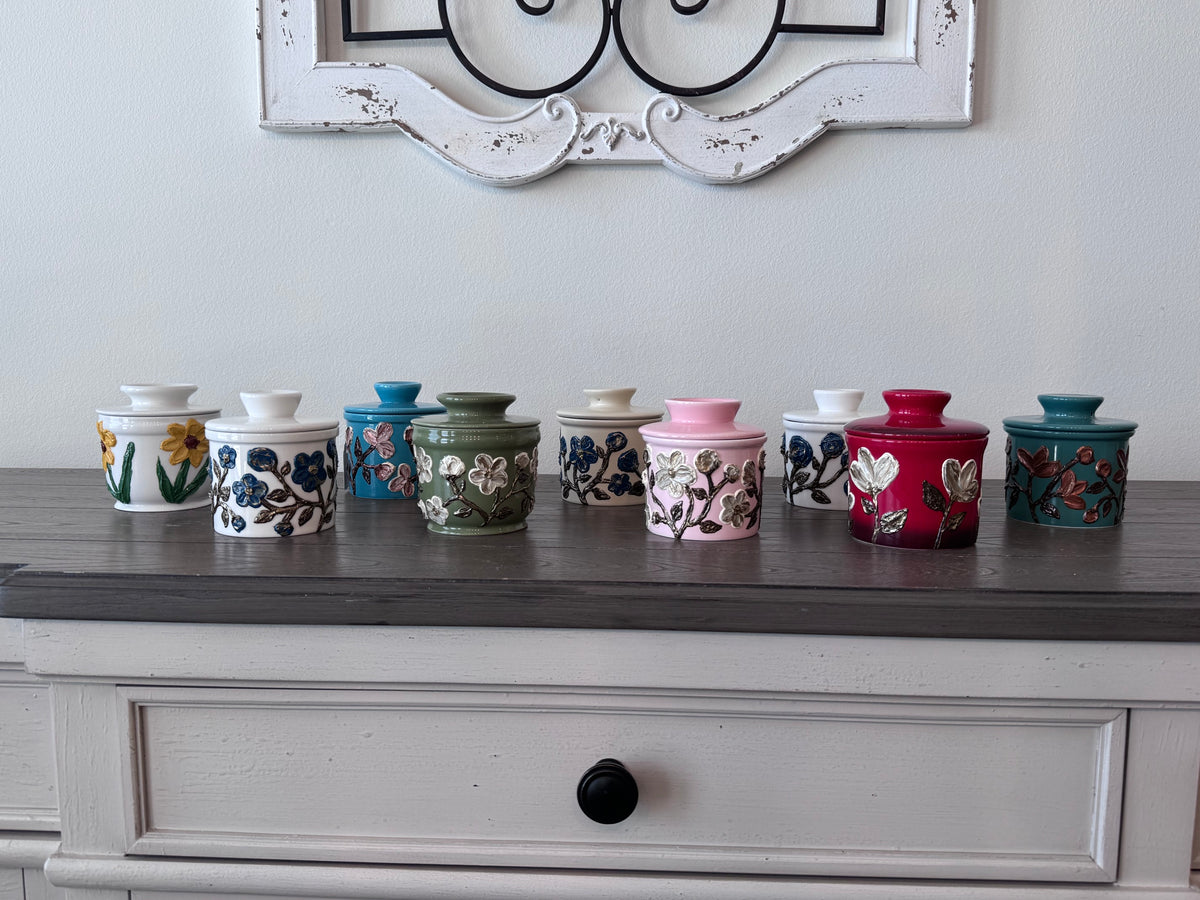 Hand-Painted Textured Floral Ceramic Butter Crocks
