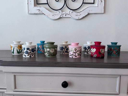 Hand-Painted Textured Floral Ceramic Butter Crocks