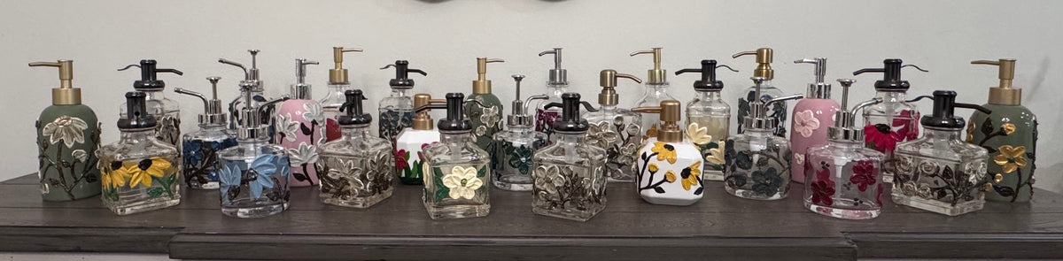 Hand-Painted Textured Acrylic Floral Glass Soap Dispenser