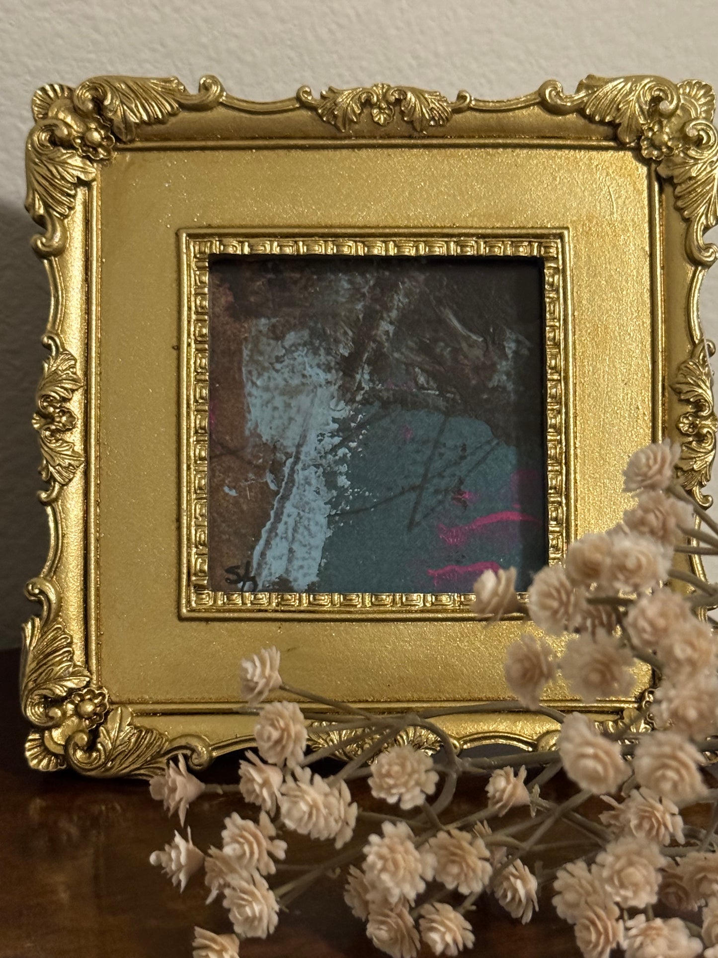 Miniature Abstract Painting in Ornate Gold Frame