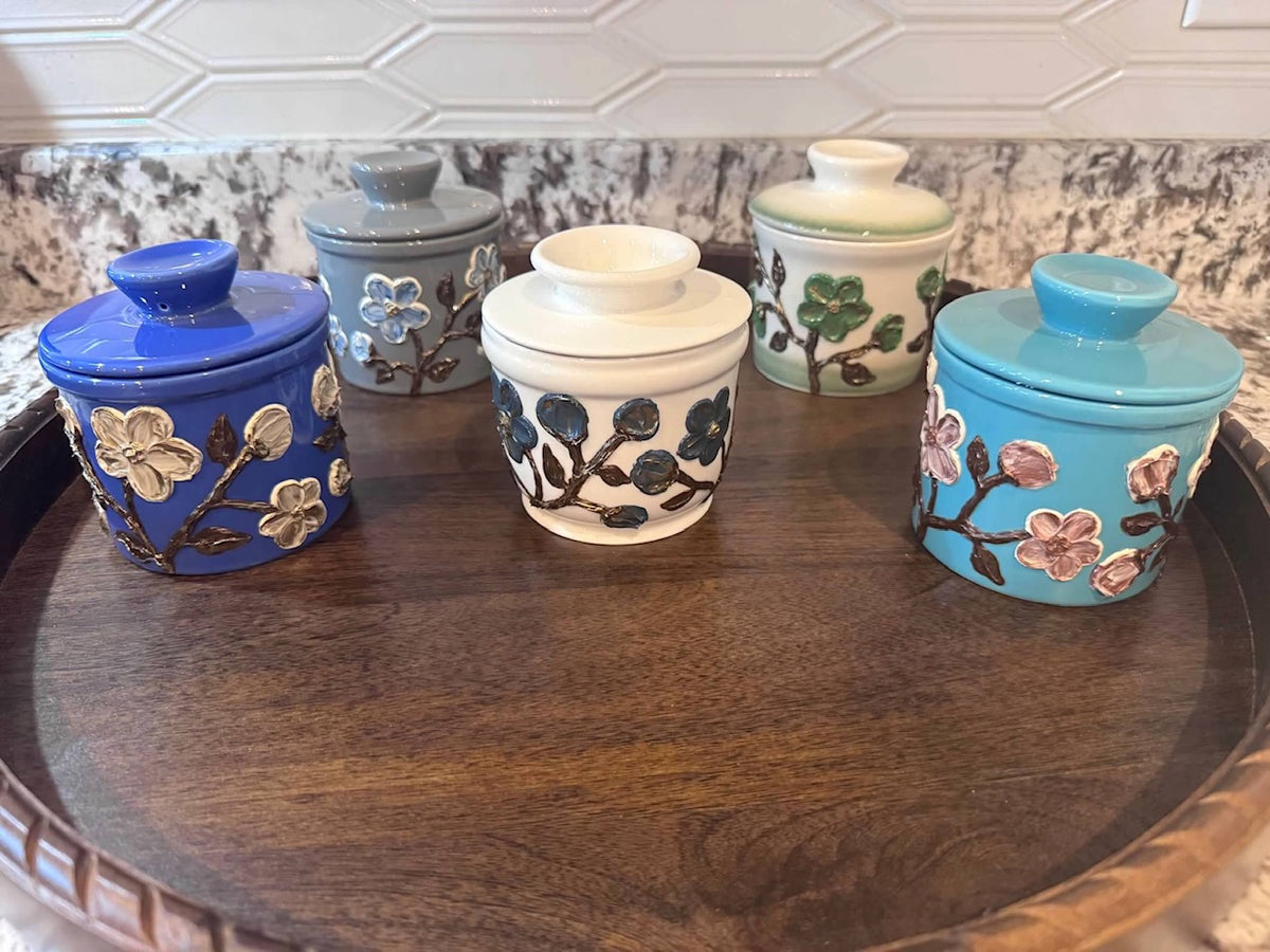Hand-Painted Textured Floral Ceramic Butter Crocks