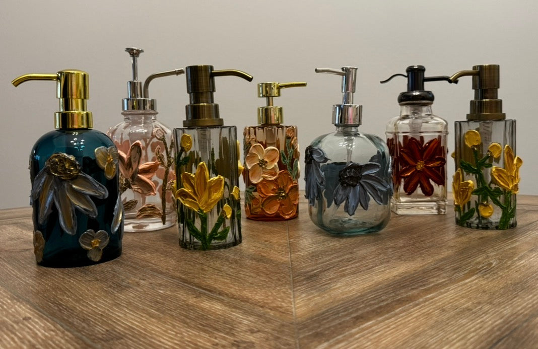 Hand-Painted Floral Textured Glass Soap Dispenser
