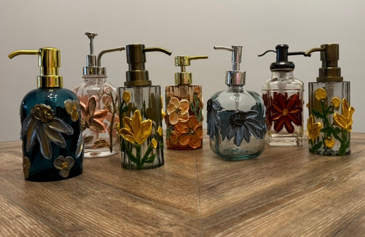 Hand-Painted Floral Textured Glass Soap Dispenser